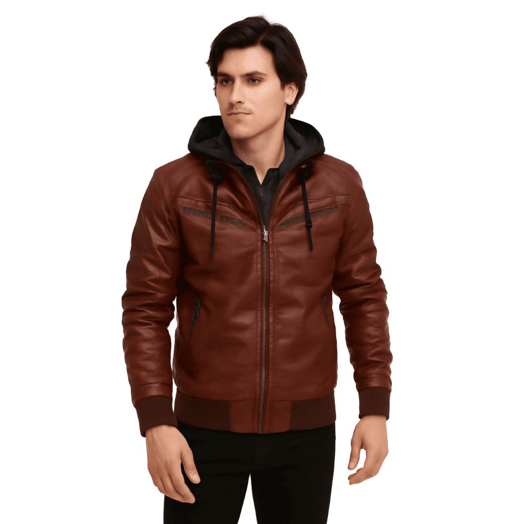 Jaqueta de Couro Masculina Premium com Capuz Removível