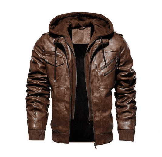Jaqueta de Couro Masculina Premium com Capuz Removível