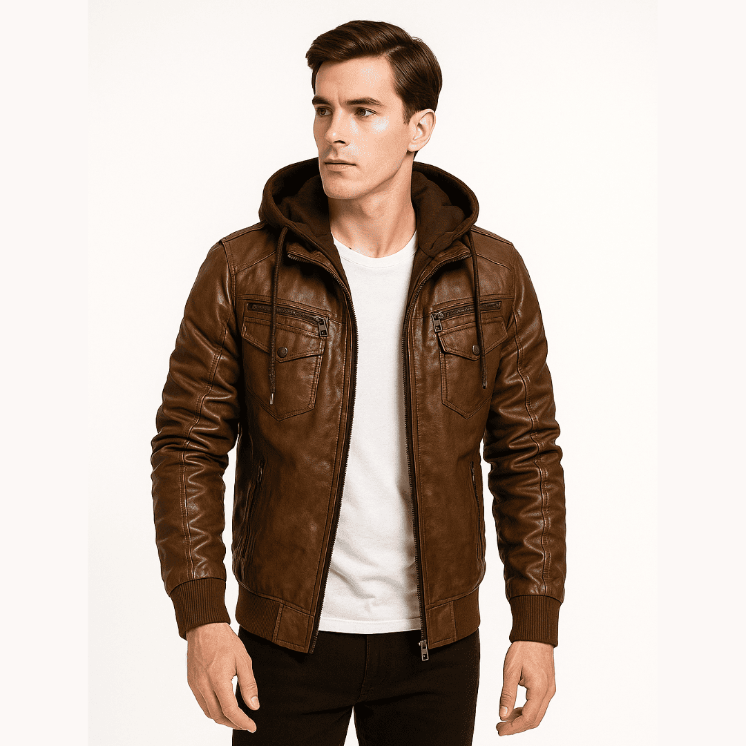 Jaqueta de Couro Masculina Premium com Capuz Removível