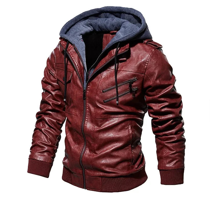 Jaqueta de Couro Masculina Premium com Capuz Removível